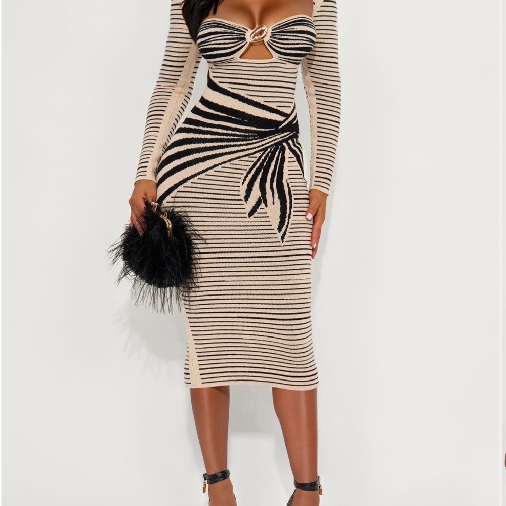 Fashion Nova Striped Black and Cream Long Sleeve Dress